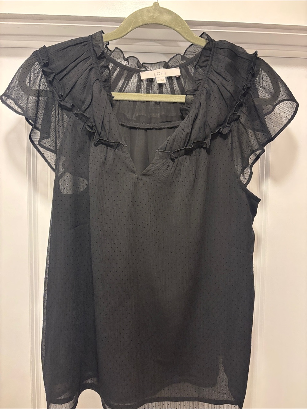 LOFT Black Sheer Dotted Ruffle Sleeve Blouse